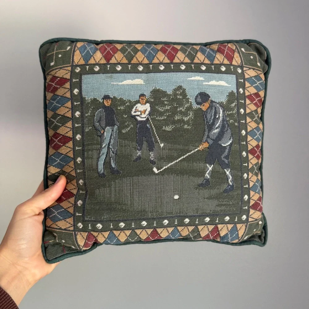 Vintage Golf Tapestry Throw Pillow Argyle Border Green Decorative Cushion 10x10